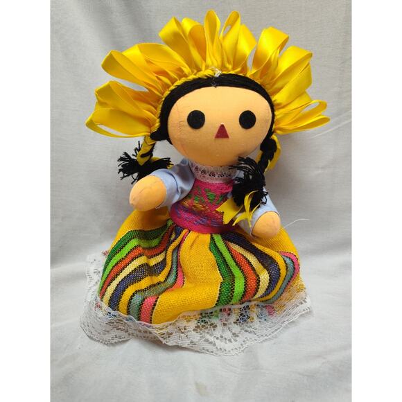 Vintage Handmade Mexican Rag Doll Braids Folk Art Cloth Mexico Soft Dress - Picture 1 of 5
